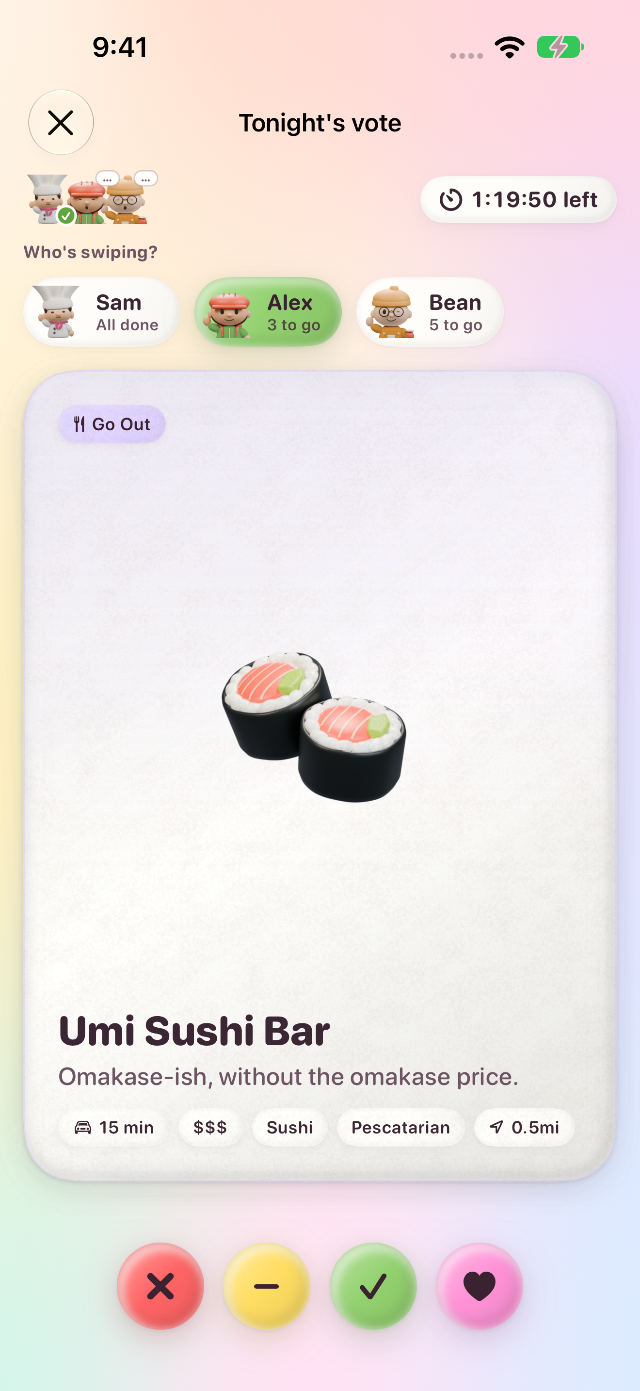 Development app capture showing a dinner idea and voting controls
